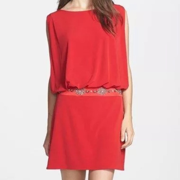 Laundry by Shelli Segal Red Retro Cocktail Dress w/ Rhinestone Waist Size 6 - Picture 1 of 12